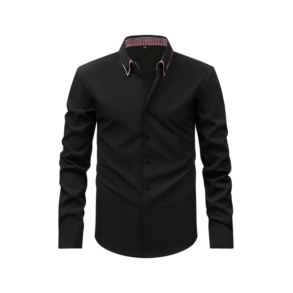 Casual cardigan shirt in solid colour with double collar stitching, three-button placket, and stretch polyester fabric