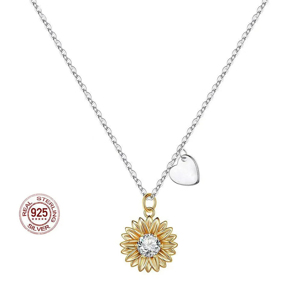 Sunflower necklace with 925 silver geometric pendant on adjustable cross chain
