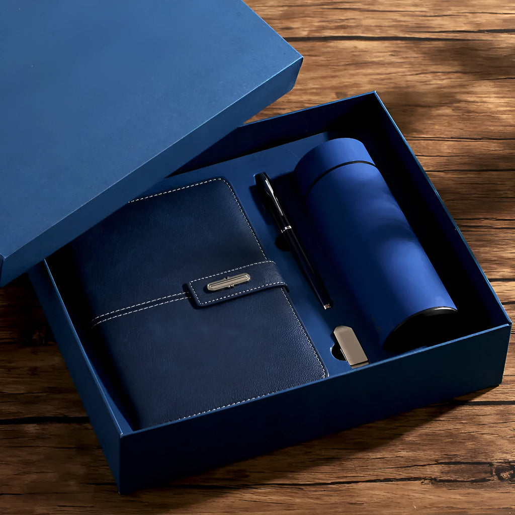 A5 notebook with PU leather cover in one of six colour options, showing wood-free paper inside.