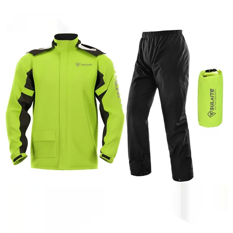 Adult motorcycle rain suit set including raincoat, trousers, and hidden shoe covers.