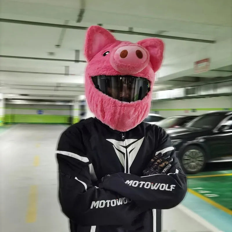 Pinkpig cartoon plush protective hood for motorcycle helmets made from soft pv velvet cloth.