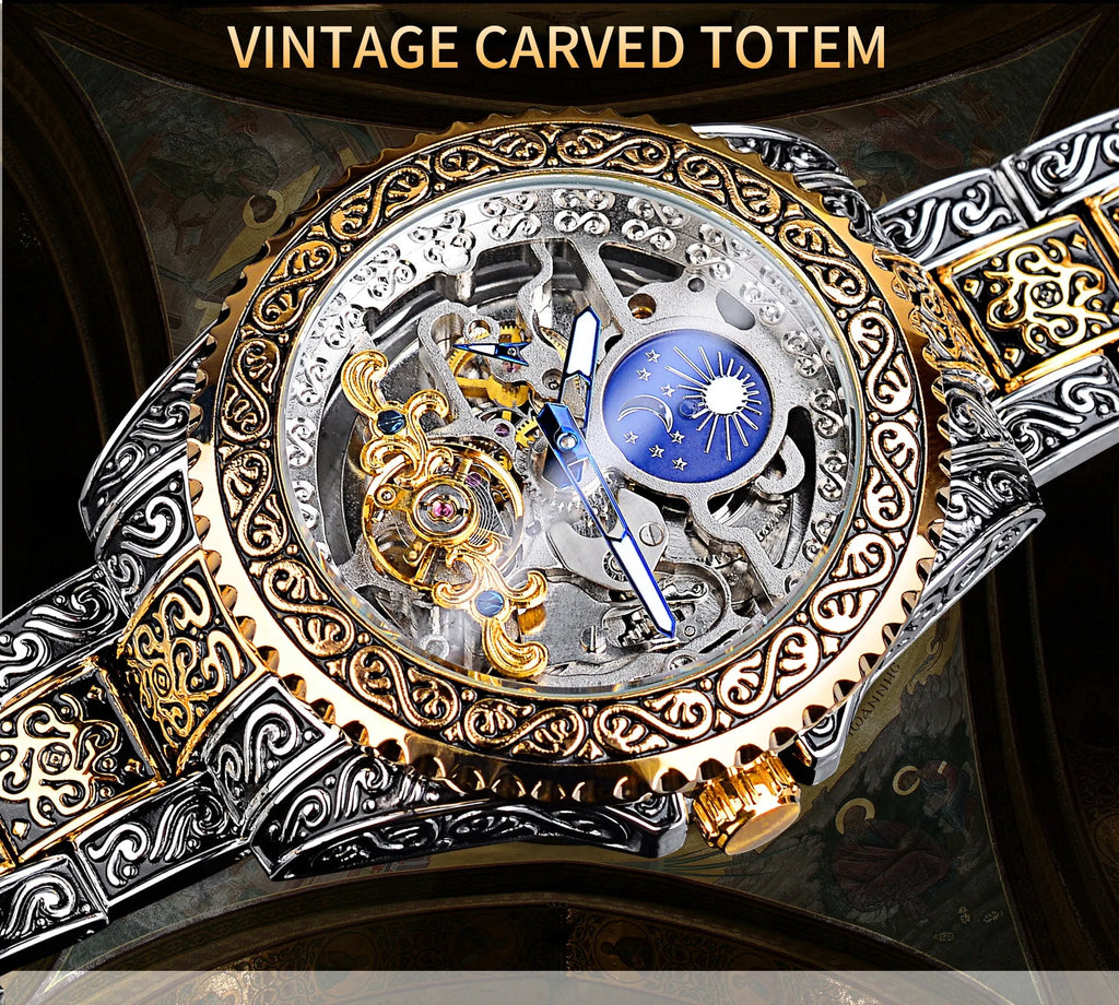 Forsining yellow skeleton tourbillon mechanical watch with stainless steel band and visible movement