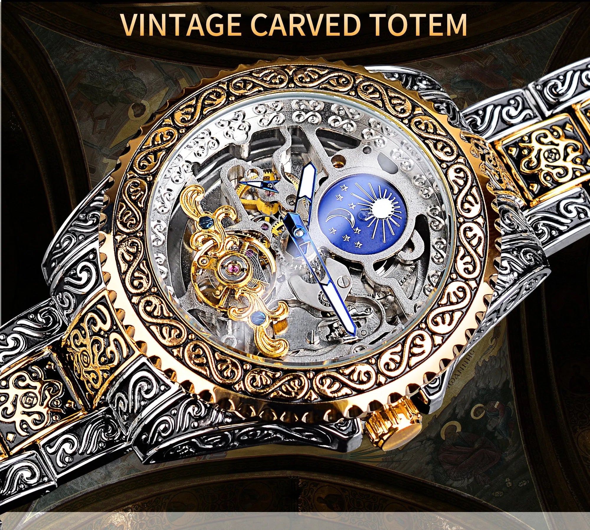 Forsining yellow skeleton tourbillon mechanical watch with stainless steel band and visible movement