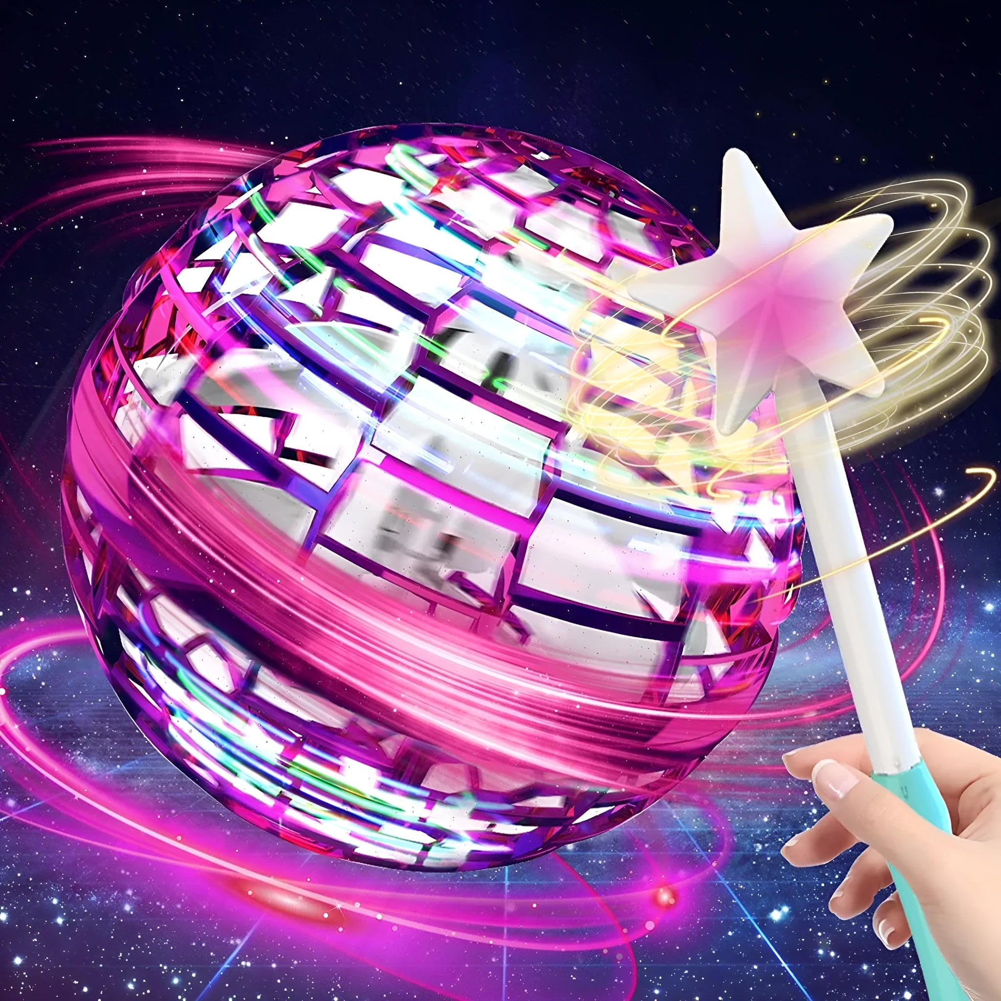 Spinning flying ball drone toy with LED lights in blue pink or red colours showing boomerang flight path