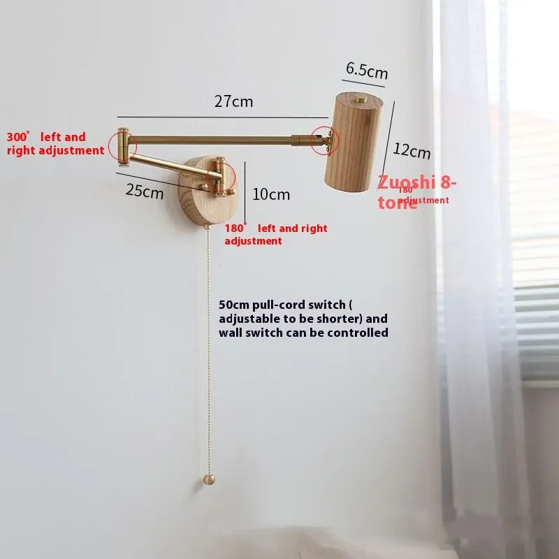 Retro wooden and iron rotating wall lamp with adjustable long-arm spotlight and ribbon zipper switch