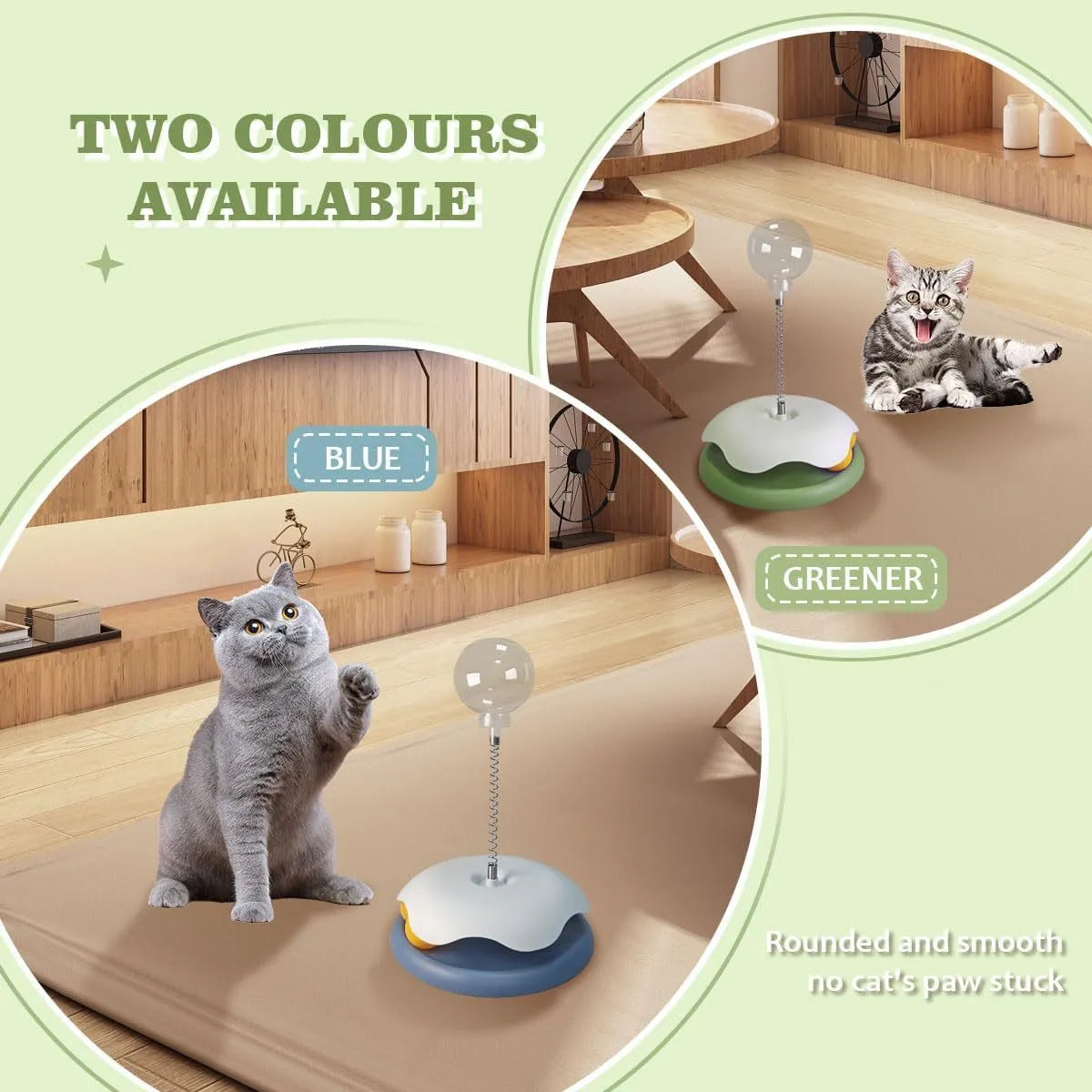 Blue and green interactive cat treat dispenser toy with track ball, shown dismantled for cleaning.