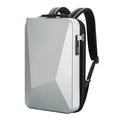 Large black or silver hard shell PC gaming backpack with lock, showing internal organisation pockets.