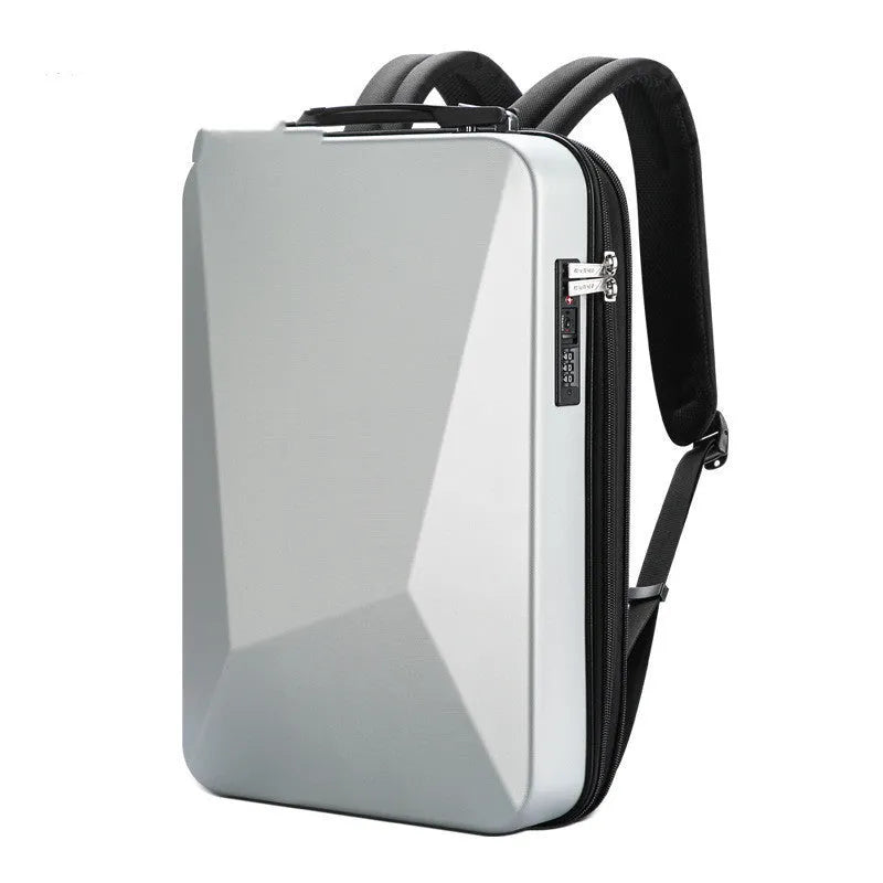 Large black or silver hard shell PC gaming backpack with lock, showing internal organisation pockets.