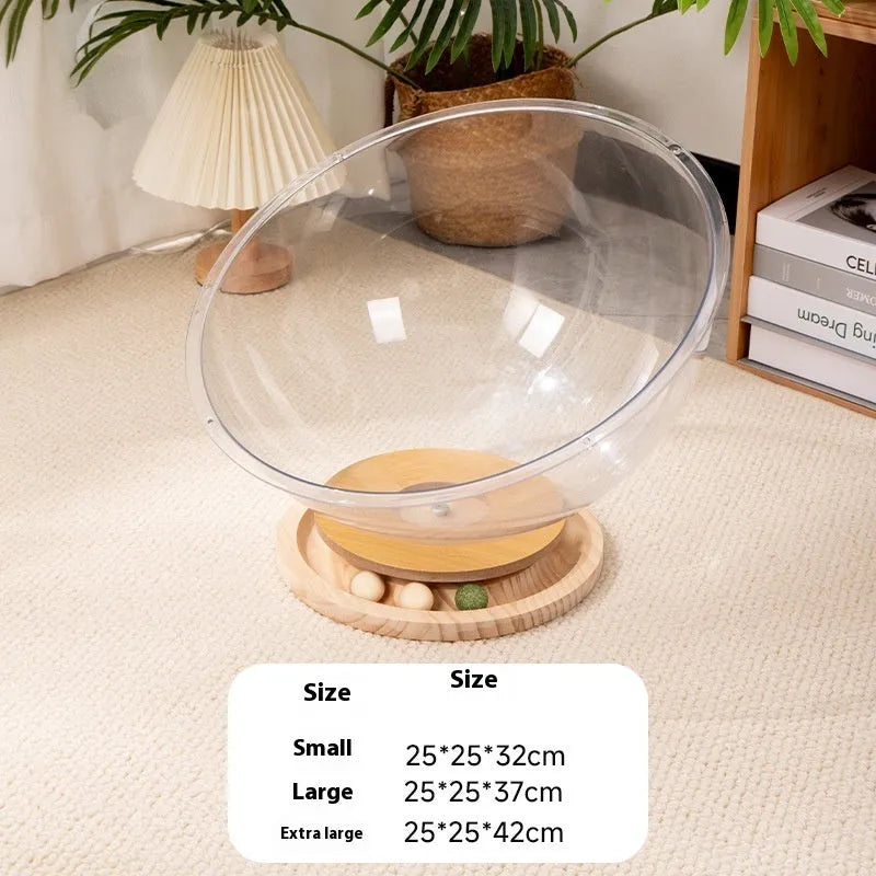 Transparent acrylic cat space capsule bed with turntable base shown in multiple size options
