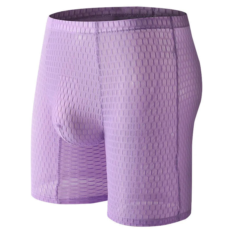 Men's solid colour lace shaping boxer underwear on a neutral background.