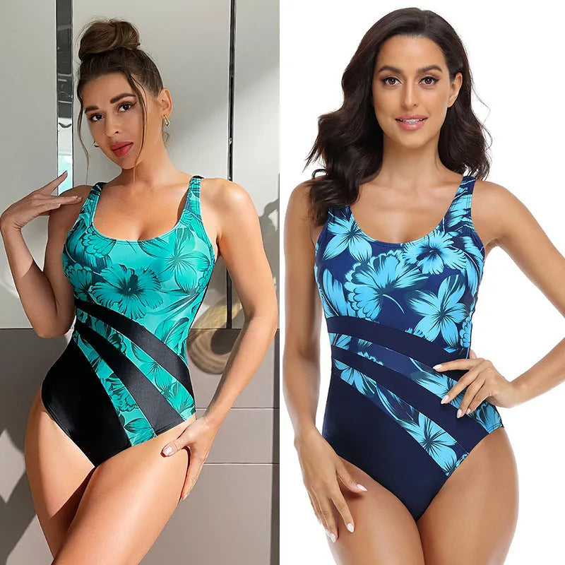 Green and blue women's conservative briefs one-piece swimsuit with printed pattern