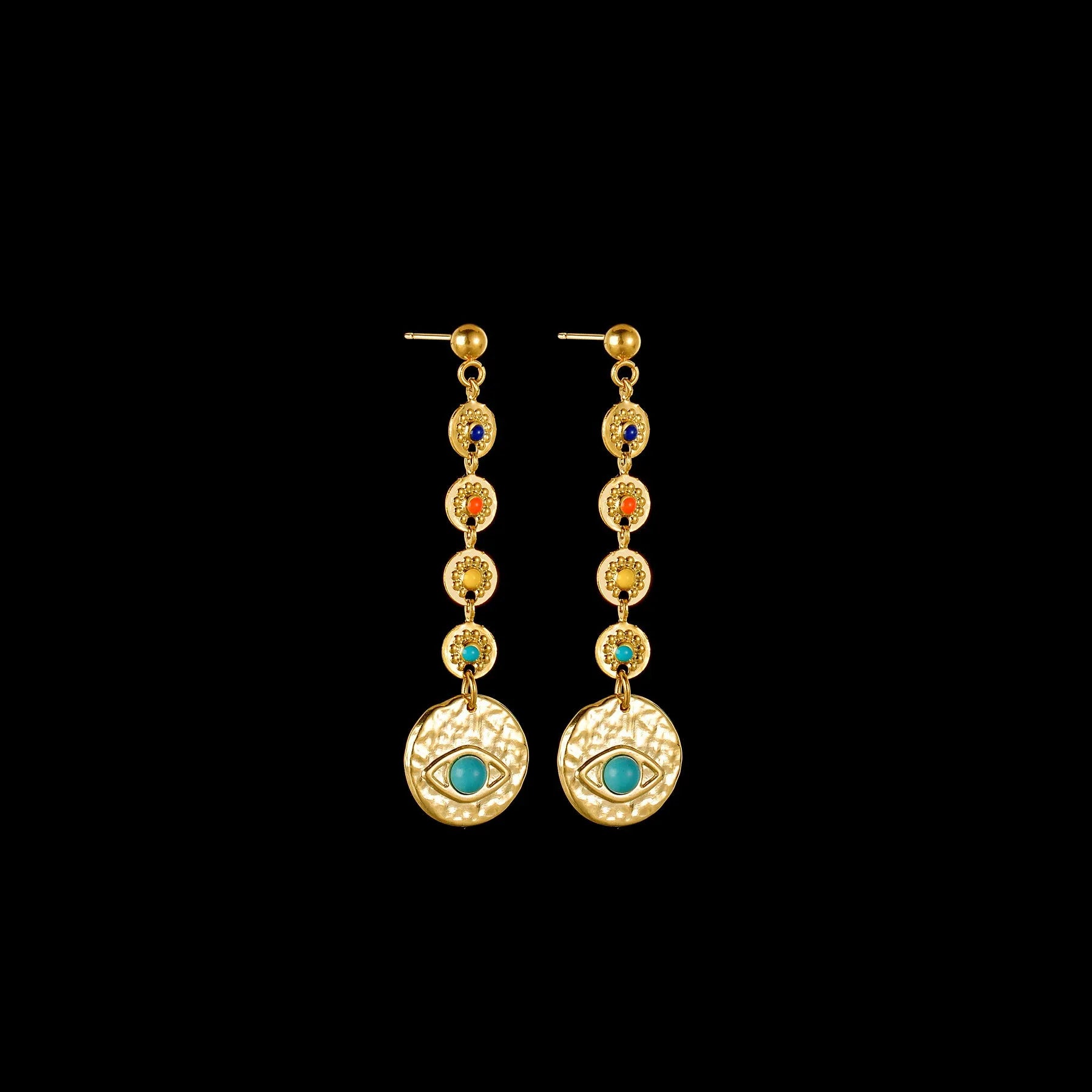 Stainless steel geometric personality earrings showing Eight Awn Star, Eye, and Shell Sun designs.