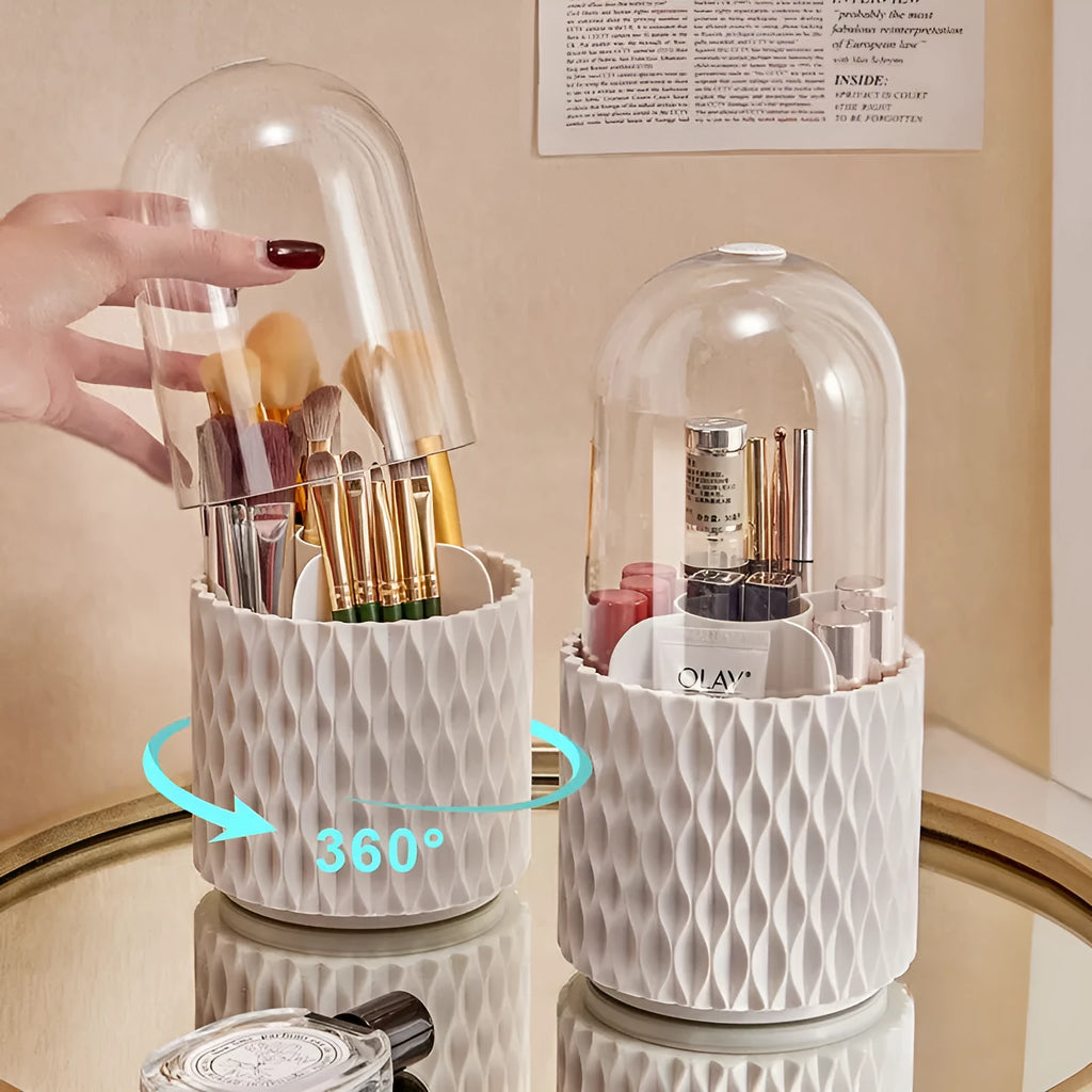 360 rotating large capacity transparent acrylic makeup brush storage pen holder with lid in white, PET HIPS desktop cosmetic organiser
