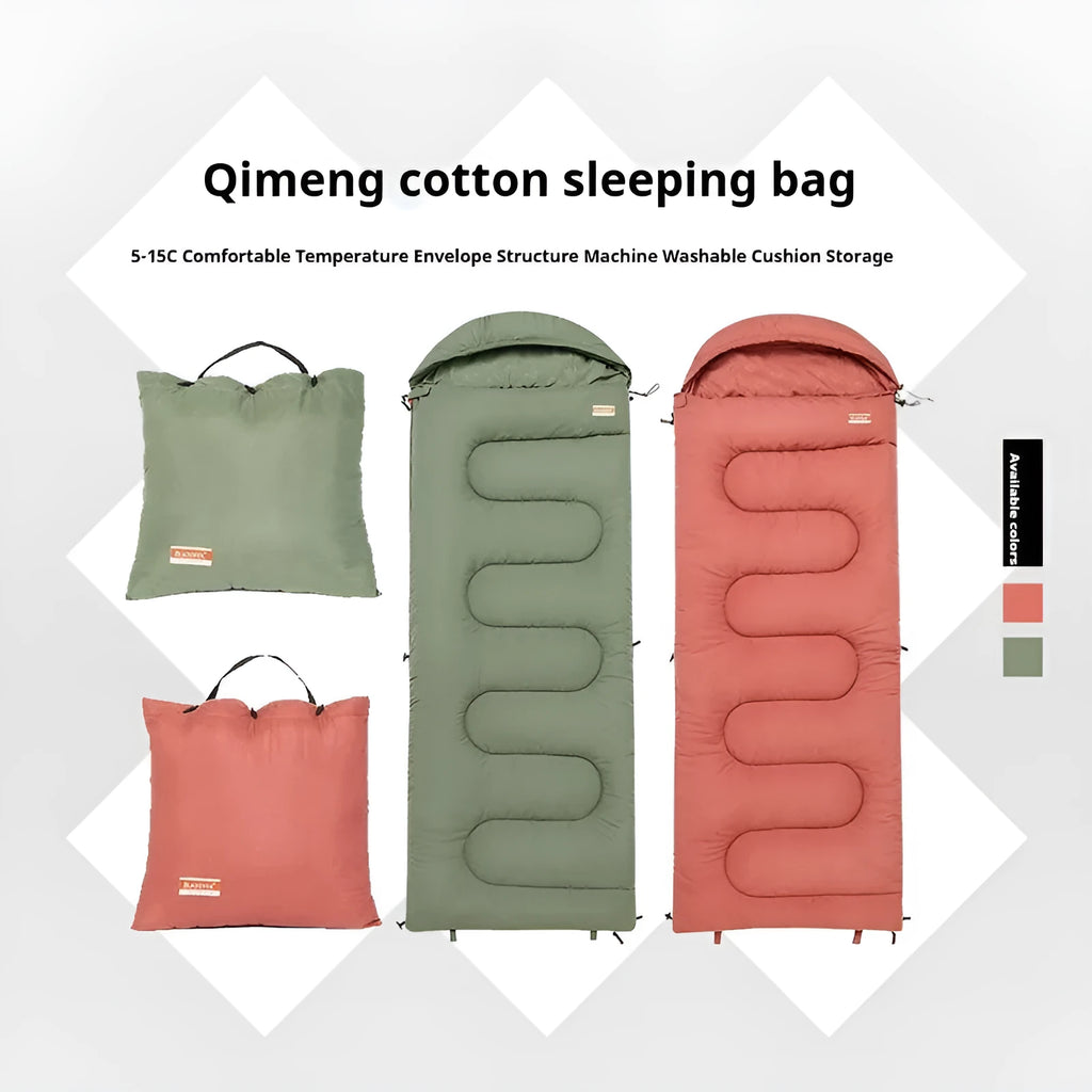 Cotton camping sleeping bag in ochre and olive green colours for outdoor bedding