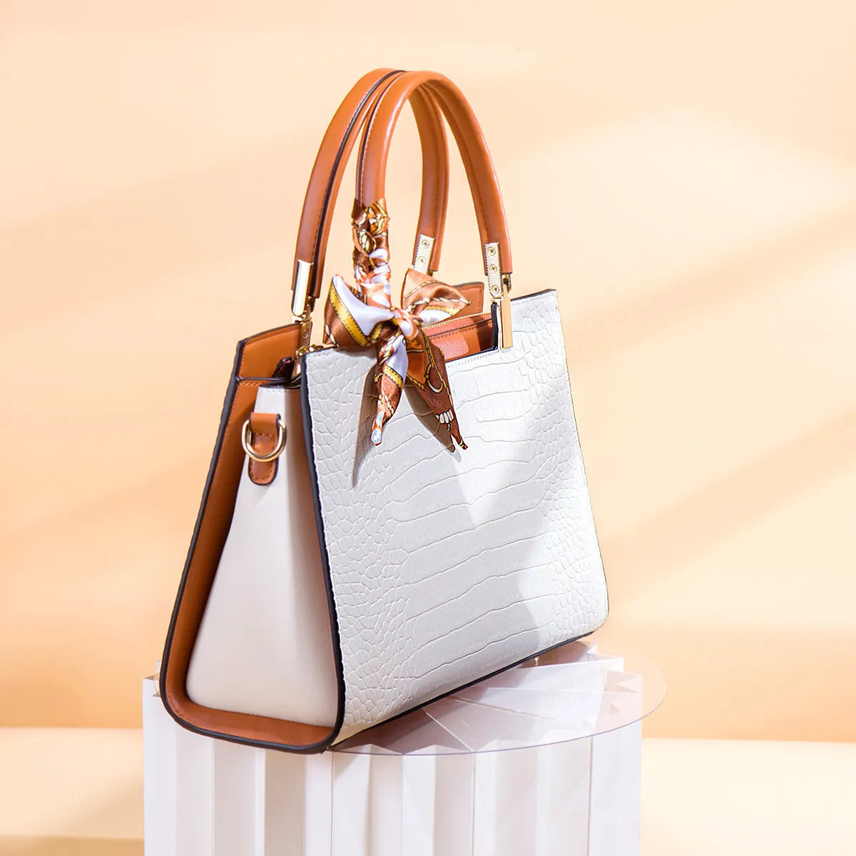 Milky white women's shoulder handbag with multiple compartments and urban simplicity styling