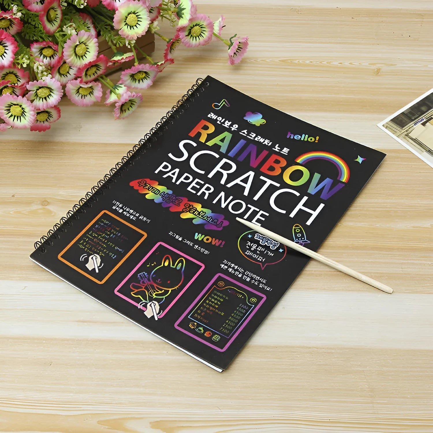 Children's scratch art paper set with large scraper tool and 26x19cm colourful design sheets