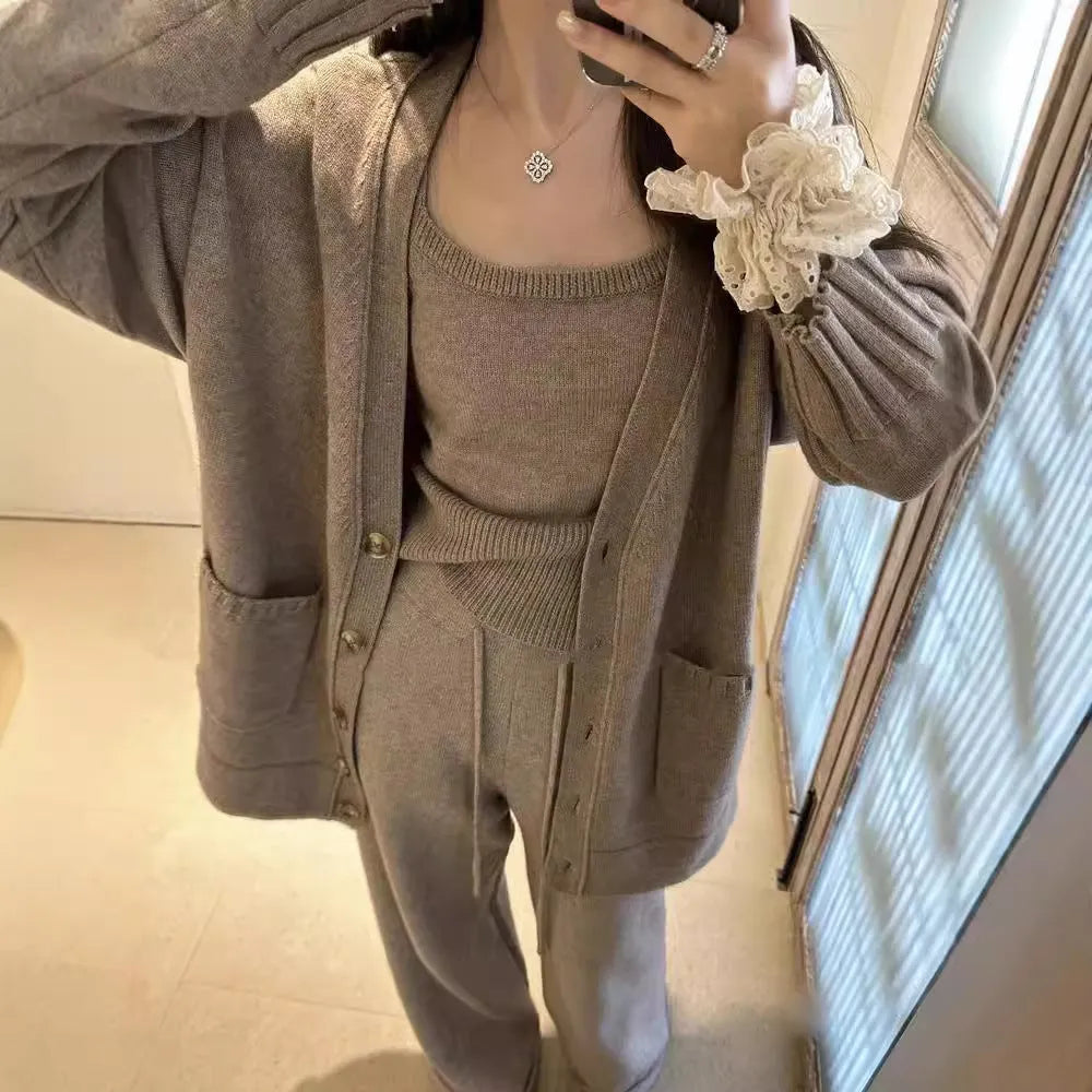 Women's cardigan suspender pants three-piece set in loose Japanese Korean casual style