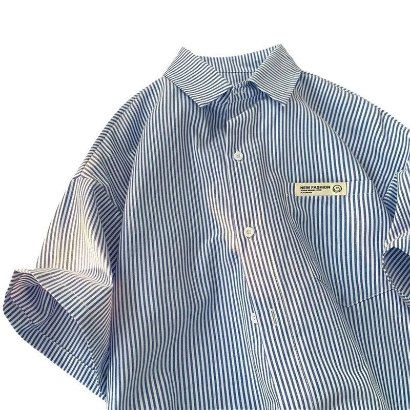 Blue striped plus size half sleeve shirt with loose casual fit