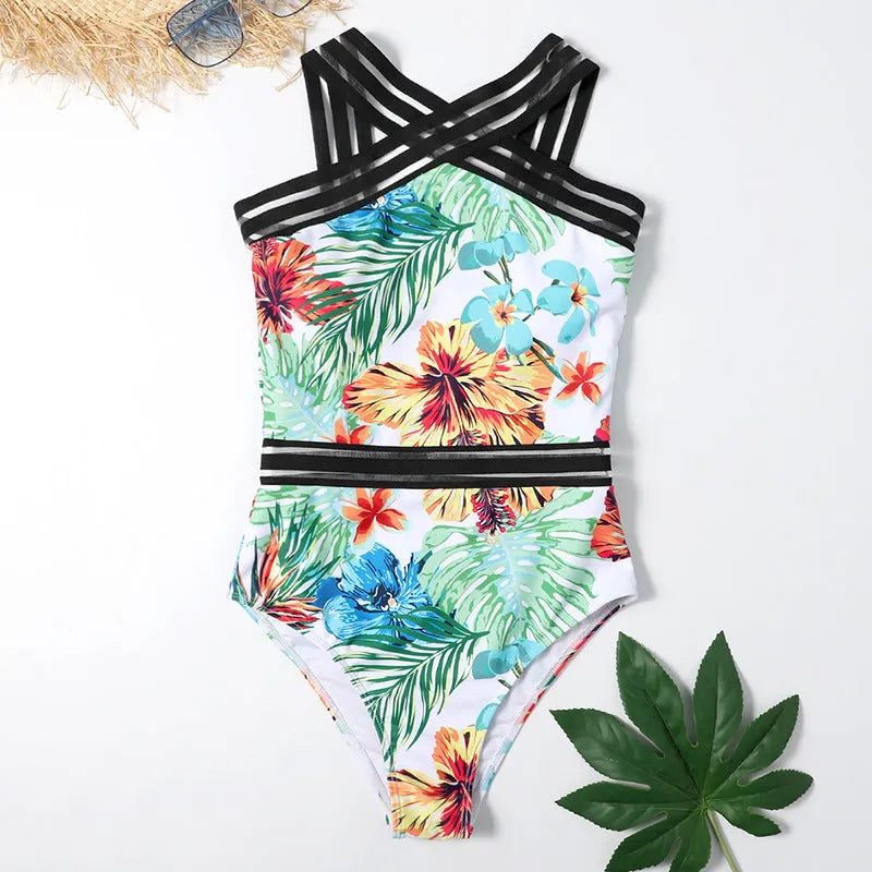 One-piece printed bikini swimsuit in black flower colour with polyester fabric and built-in chest pads