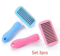 Blue pet self-cleaning comb with thick steel needles on a white background, showing ergonomic TPR handle