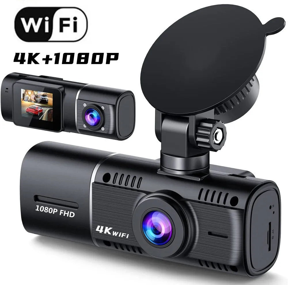 Standard black 1080p dashcam car camera with a 1.5-inch screen, shown with its car charger and mounting stand.