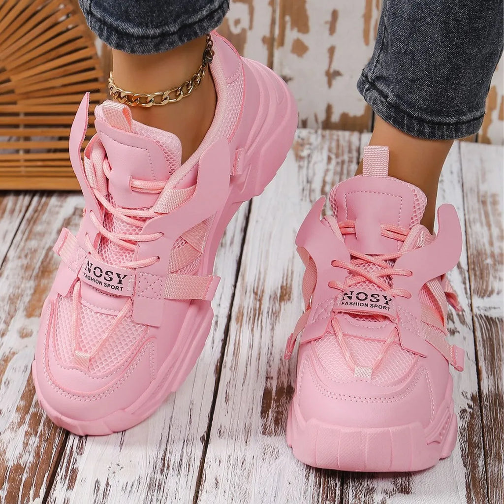 Women's platform mesh sneakers in purple, green, white, pink, and yellow colours with lace-up front.