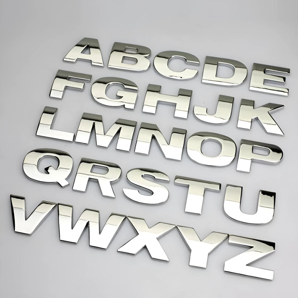 3D zinc alloy car letter sticker showing raised metal construction on vehicle surface