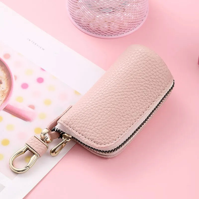 Black PU leather zipper key ring case with ultra-light design for men and women