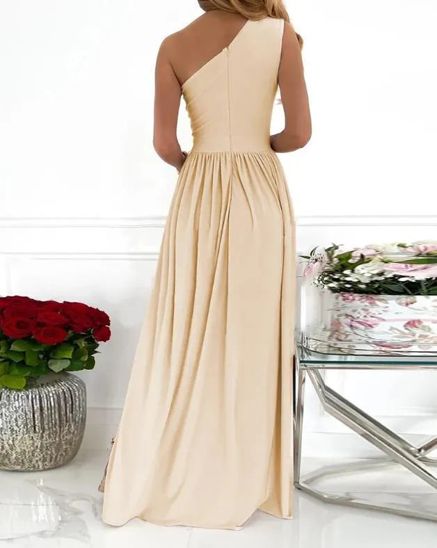 Women's one shoulder cocktail maxi dress with high thigh split and cutout sleeve detail in soft fabric