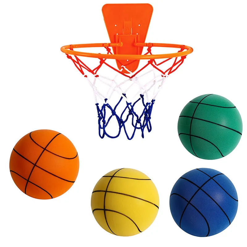 Silent high density foam basketball in assorted bright colours with basketball frame
