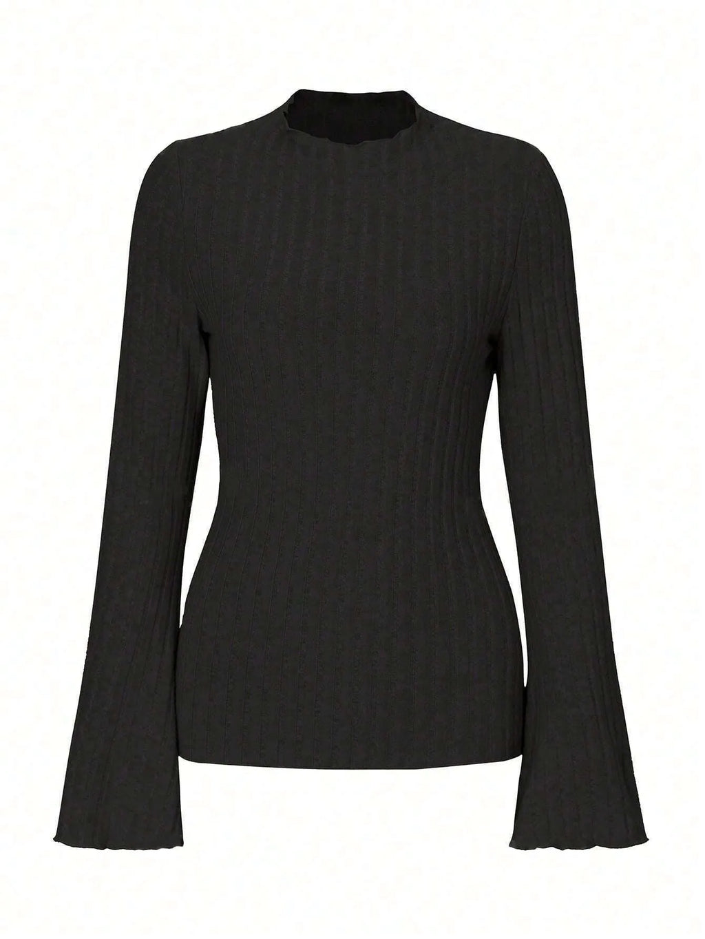 Long sleeve round neck top with lantern sleeves in brushed polyester fabric, black colour with sunken stripe pattern