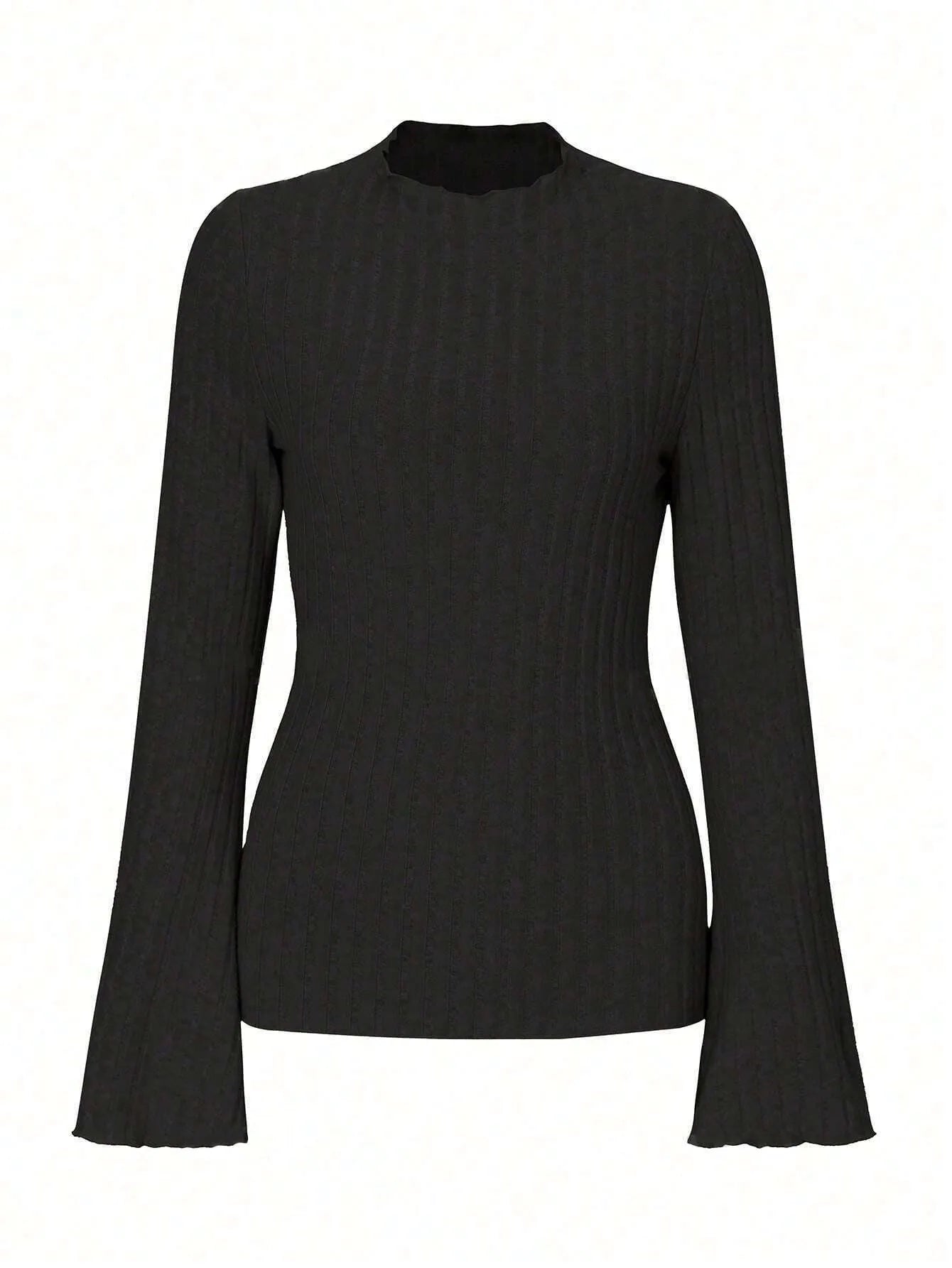 Long sleeve round neck top with lantern sleeves in brushed polyester fabric, black colour with sunken stripe pattern