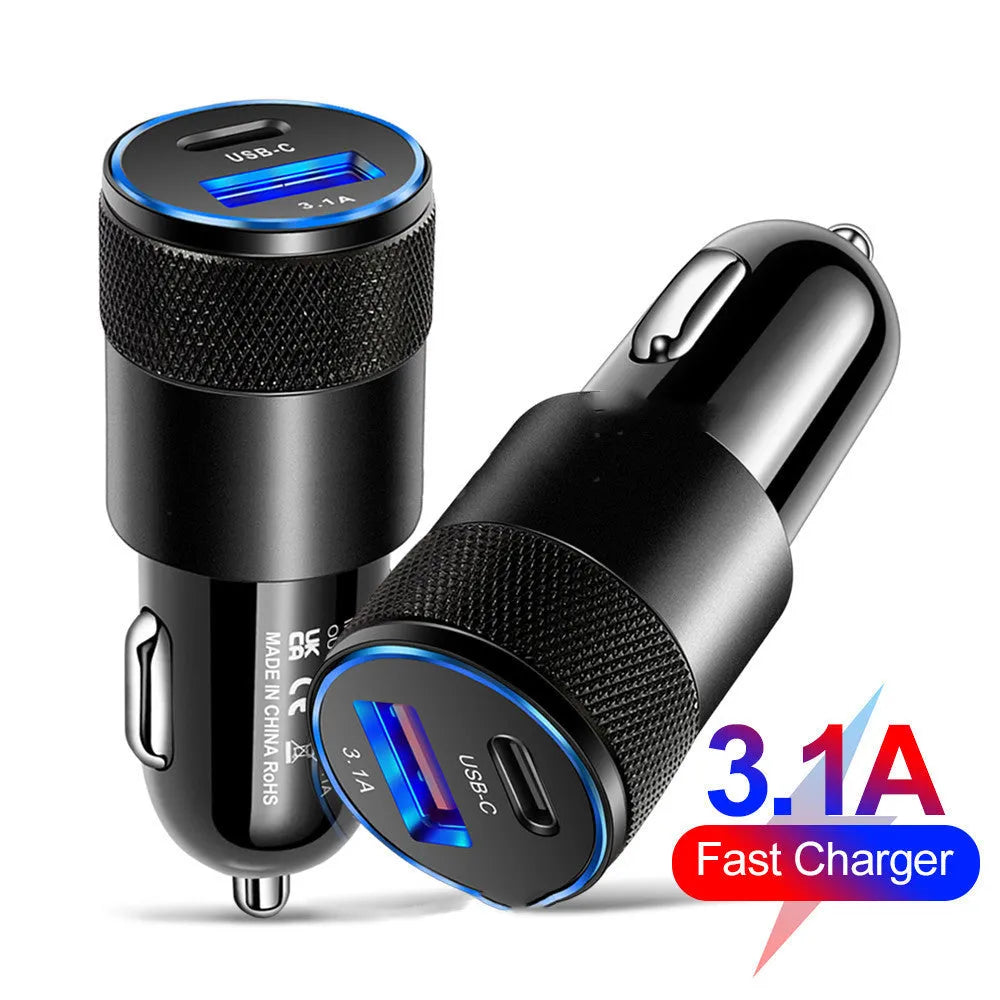 Aluminium alloy mobile phone car charger in black or black silver finish showing 2.5cm x 6cm dimensions