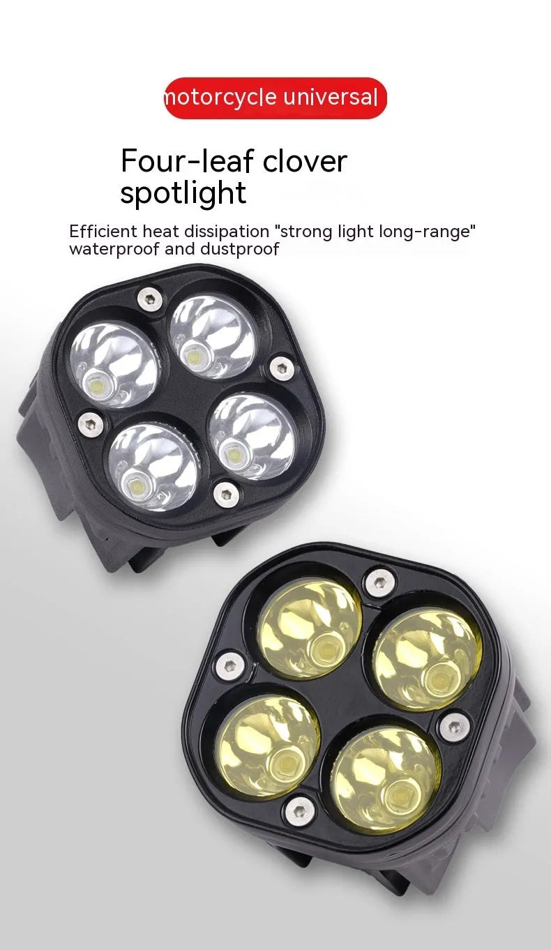 Four-leaf clover style motorcycle spotlight with aluminium base plate.
