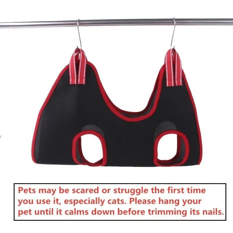 Pet grooming hammock restraint bag suspended for dog nail trimming