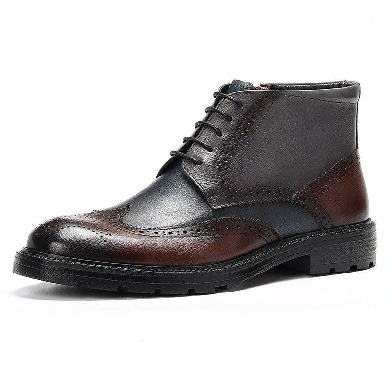Men's curry blue and coffee blue cowhide leather brogue boots with round toe and front lacing