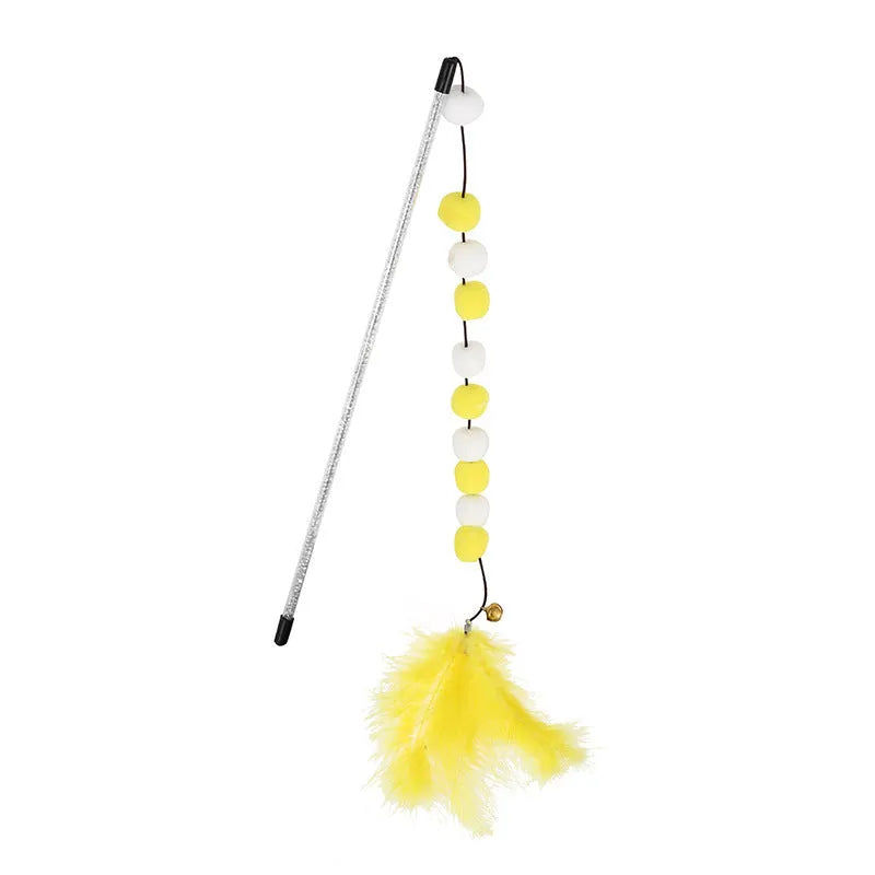 31cm long cat teaser rod with colourful pompon feathers and bell attachment