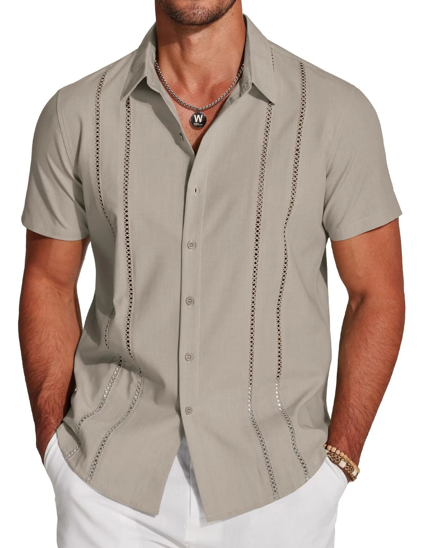 Men's slim fit short sleeve Hawaiian shirt with printed pattern in stretch polyester fabric.