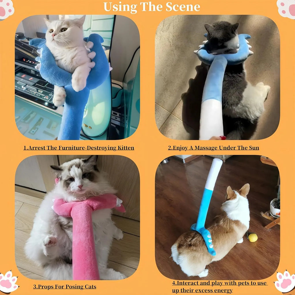 Blue plush cat wand toy with foam-filled head measuring 70cm length for interactive pet play