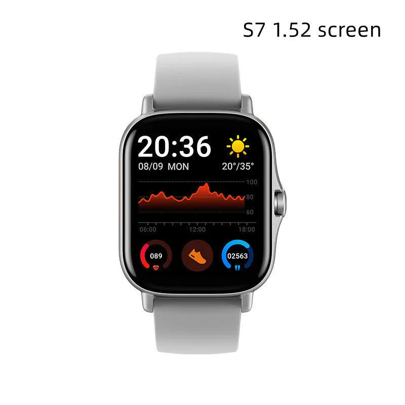 GT20 smart watch with black alloy case and silicone band showing heart rate reading on screen