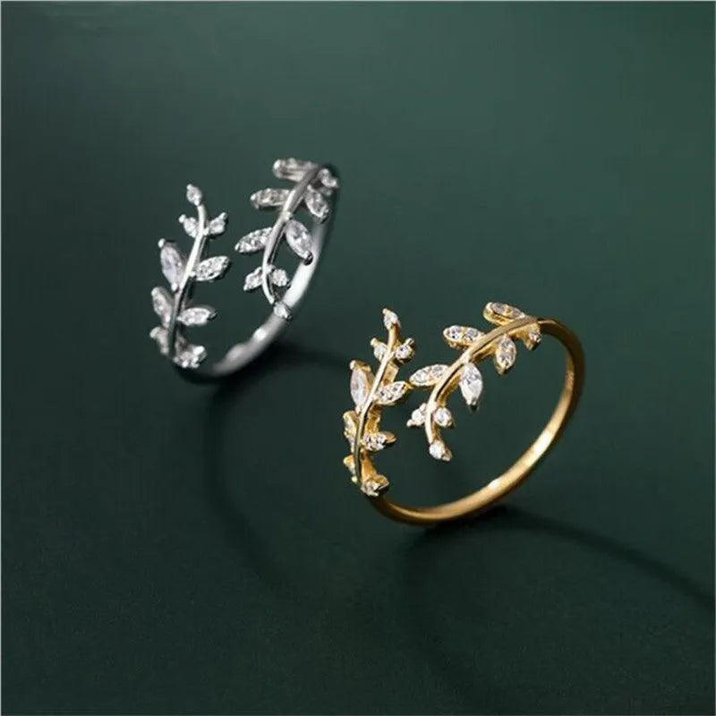 Women's copper leaf ring with geometric design in gold or silver electroplated finish