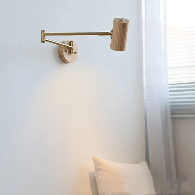 Retro wooden and iron rotating wall lamp with adjustable long-arm spotlight and ribbon zipper switch