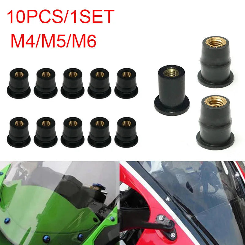 Black rubber and brass expansion well nut fasteners for motorcycle windshield mounting in M4, M5, M6 sizes.