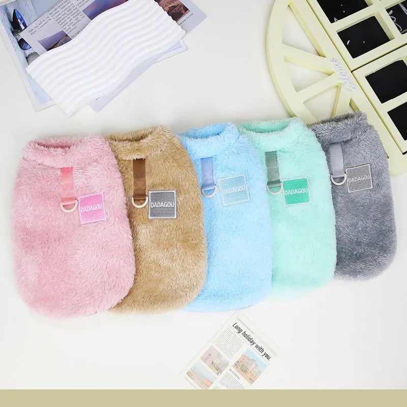 Coral fleece pet jacket for dogs and cats in blue, brown, grey, pink, red or water green colours