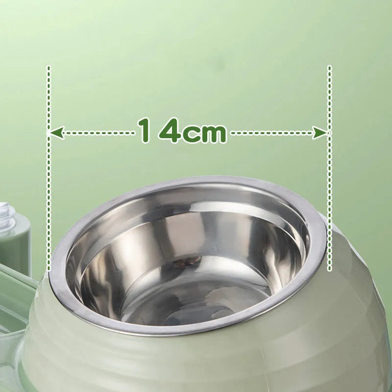 Elevated brown plastic cat food bowl with attached water bottle dispenser