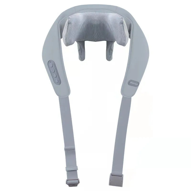 Grey elastic fabric neck massager with USB charging cable showing infrared physiotherapy function