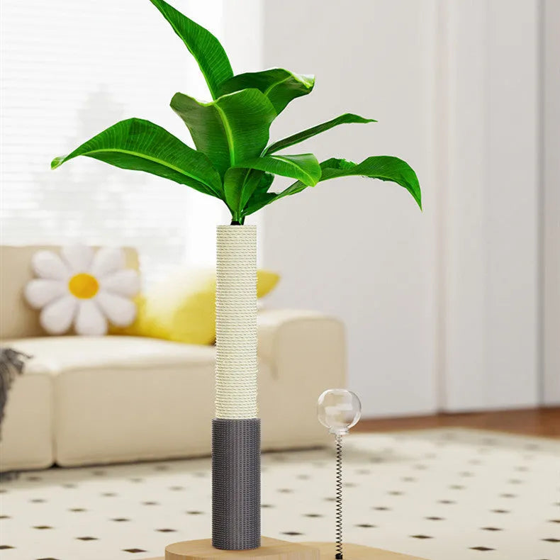 Wooden vertical cat scratching post with canna-coloured centre column and a built-in food drop ball.