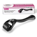 Close-up of a titanium derma roller with microneedles, shown with black and purple handle options.