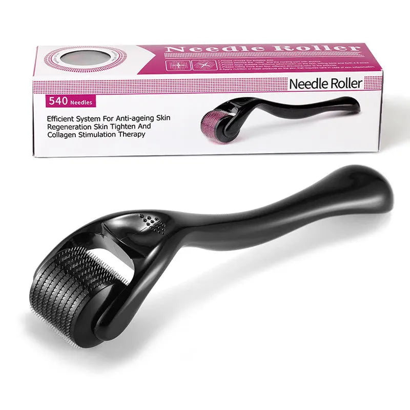 Close-up of a titanium derma roller with microneedles, shown with black and purple handle options.