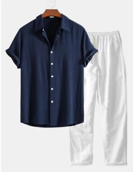 Casual cotton linen short sleeve suit in navy blue with matching accessories including glasses, shoes and watch